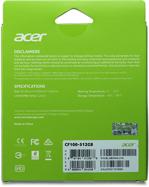 Acer CF100 CFast 2.0 512GB card package back