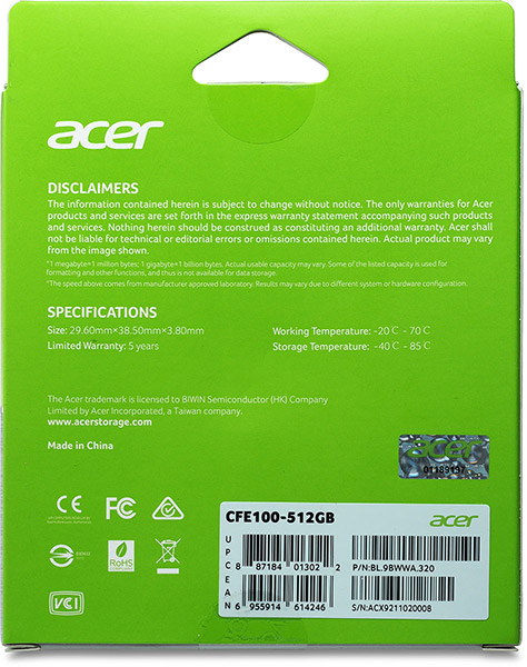 Acer CFE100 CFexpress Type-B 512GB card package back