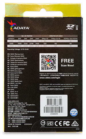 AData Premier One 64GB SDXC Memory Card Package back