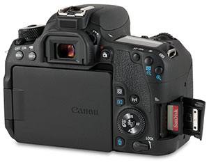 Canon 77D with SD card slot with SanDisk Extreme Pro card and door open