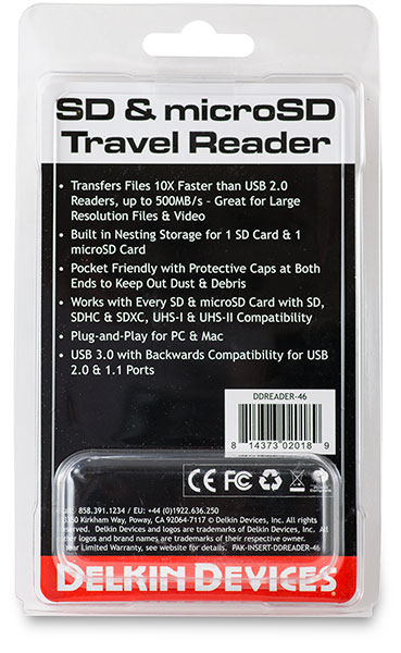 Delkin Devices Travel Reader USB 3.0 SD and microSD Card Reader Package - back