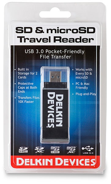 Delkin Devices Travel Reader USB 3.0 SD and microSD Card Reader Package - front