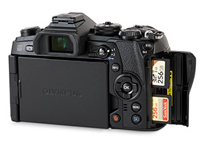 Olympus E-M1 II SD card slots with memory cards and door open