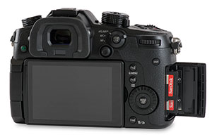 Panasonic GH4 with dual SD card slots with SanDisk Extreme Pro 300MB/s UHS-II UHS-II memory cards and door open