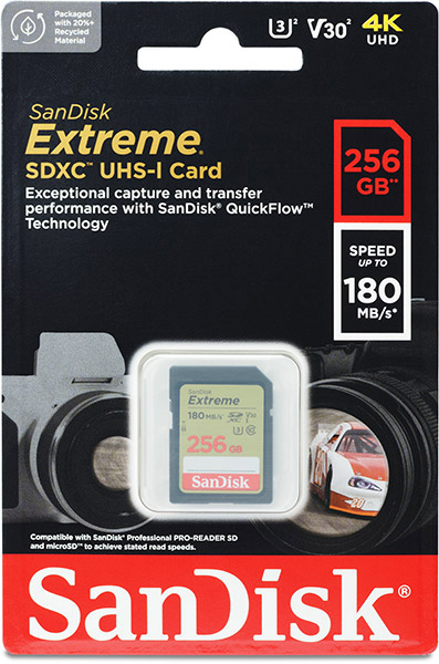 SanDisk Extreme 180MB/s 256GB card package