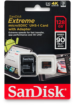 SanDisk Extreme 90MB/s UHS-I U3 V30 microSDXC 128GB Memory Card Package Front
