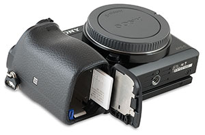 Sony Alpha A6000 SD card slot with battery door open